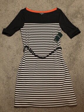 Lauren Ralph Lauren Black & White Striped Nautical Midi Dress NWT Womens Size Lg